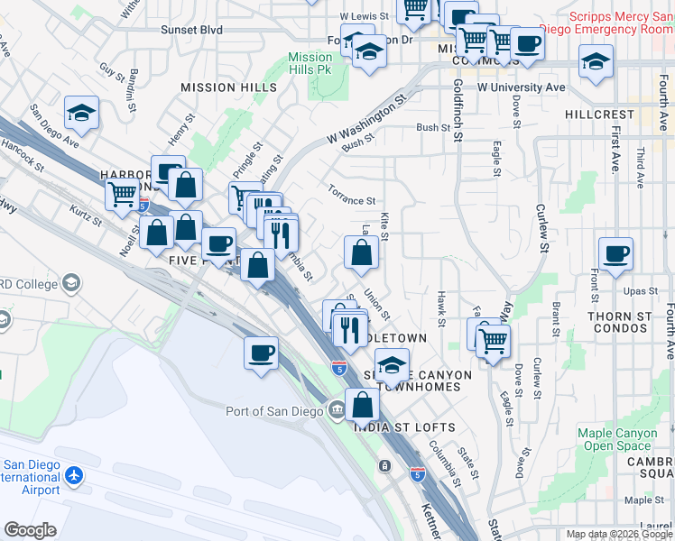map of restaurants, bars, coffee shops, grocery stores, and more near 1503 Glenwood Drive in San Diego