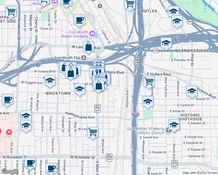 map of restaurants, bars, coffee shops, grocery stores, and more near 221 East Broadway Avenue in Fort Worth