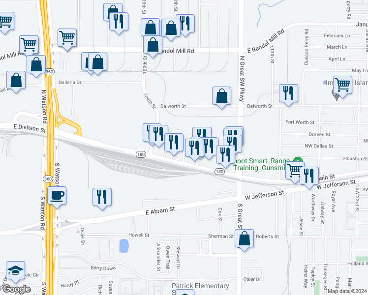 map of restaurants, bars, coffee shops, grocery stores, and more near 105th Street in Arlington