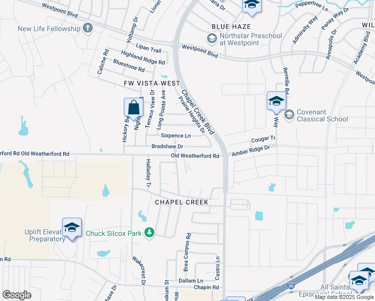 map of restaurants, bars, coffee shops, grocery stores, and more near 10360 Bradshaw Drive in Fort Worth