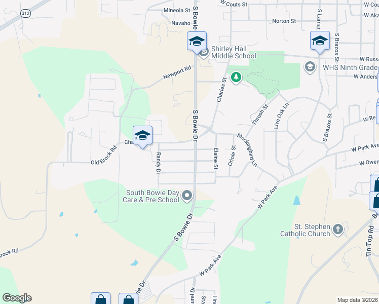 map of restaurants, bars, coffee shops, grocery stores, and more near 1203 Vivienne Street in Weatherford