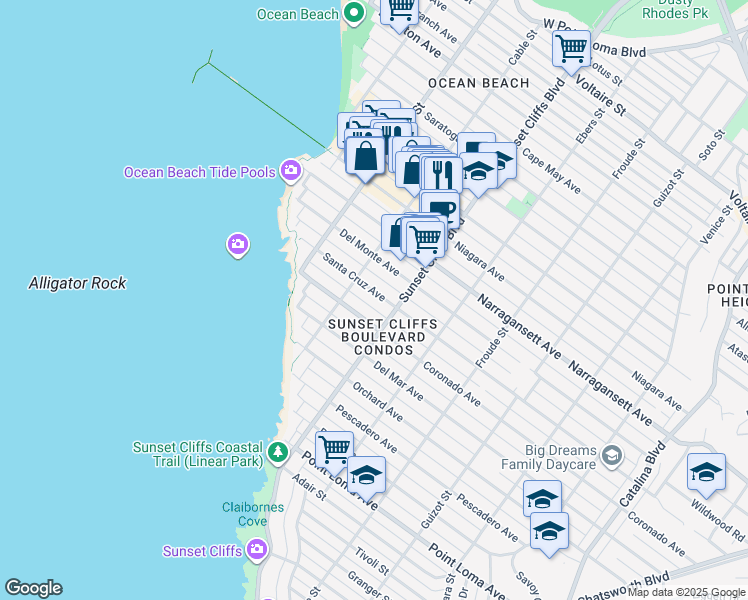 map of restaurants, bars, coffee shops, grocery stores, and more near 4877 Santa Cruz Avenue in San Diego