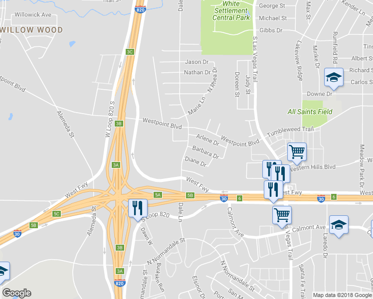 map of restaurants, bars, coffee shops, grocery stores, and more near 1704 Dale Lane in White Settlement
