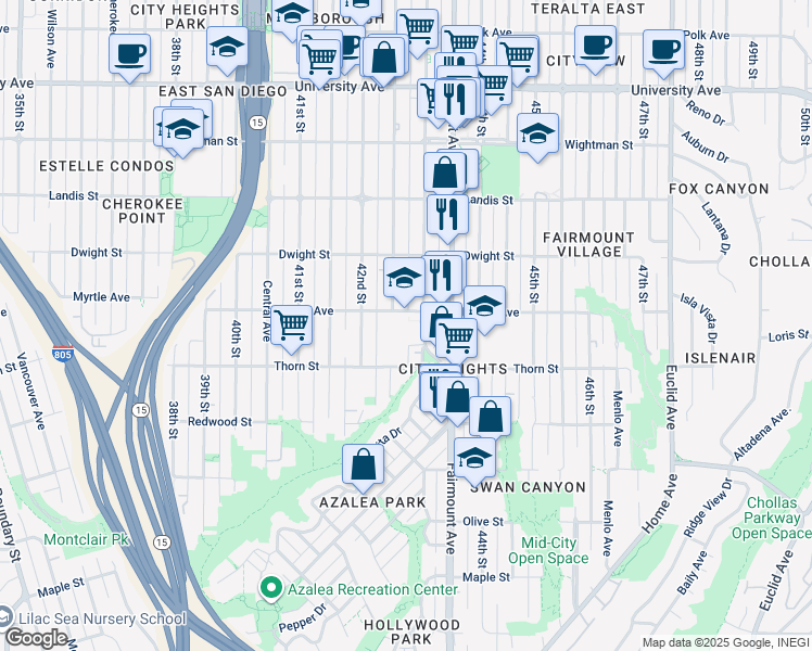 map of restaurants, bars, coffee shops, grocery stores, and more near 4271 Myrtle Avenue in San Diego