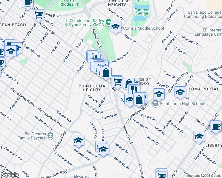 map of restaurants, bars, coffee shops, grocery stores, and more near 3985 Wabaska Drive in San Diego