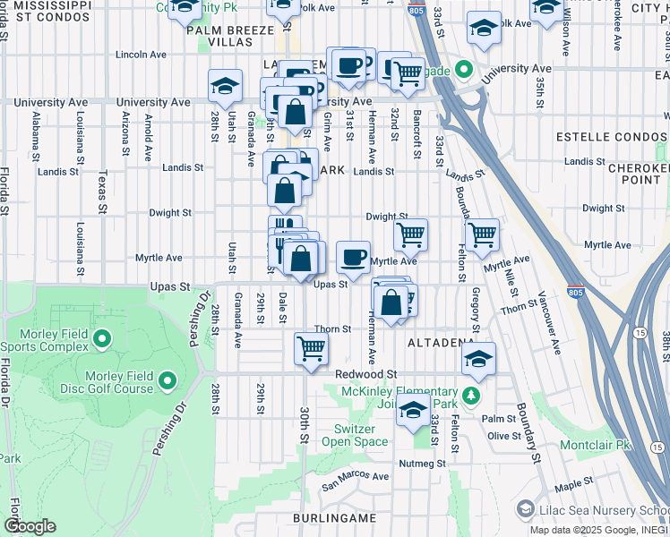 map of restaurants, bars, coffee shops, grocery stores, and more near 3080 Myrtle Avenue in San Diego