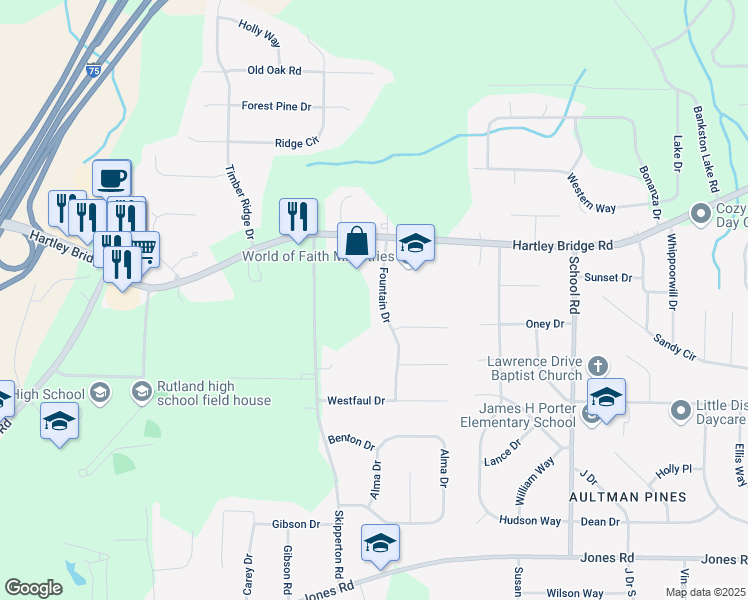 map of restaurants, bars, coffee shops, grocery stores, and more near 6071 Fountain Drive in Macon
