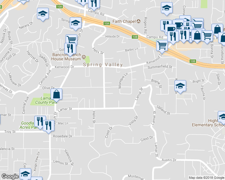 map of restaurants, bars, coffee shops, grocery stores, and more near 3324 Monique Lane in Spring Valley