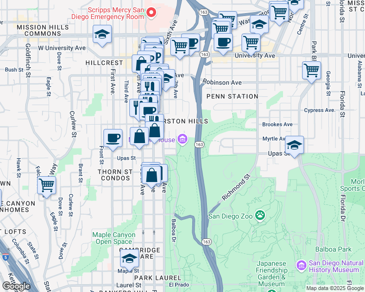 map of restaurants, bars, coffee shops, grocery stores, and more near 3525 7th Avenue in San Diego