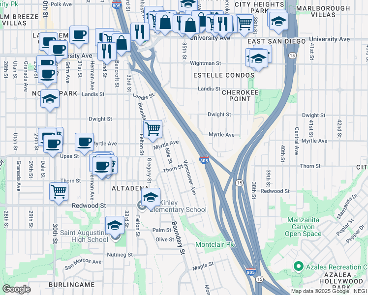 map of restaurants, bars, coffee shops, grocery stores, and more near 3421 Vancouver Avenue in San Diego