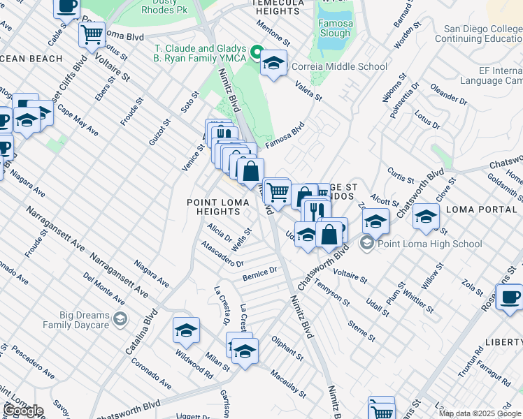 map of restaurants, bars, coffee shops, grocery stores, and more near 3985 Wabaska Drive in San Diego