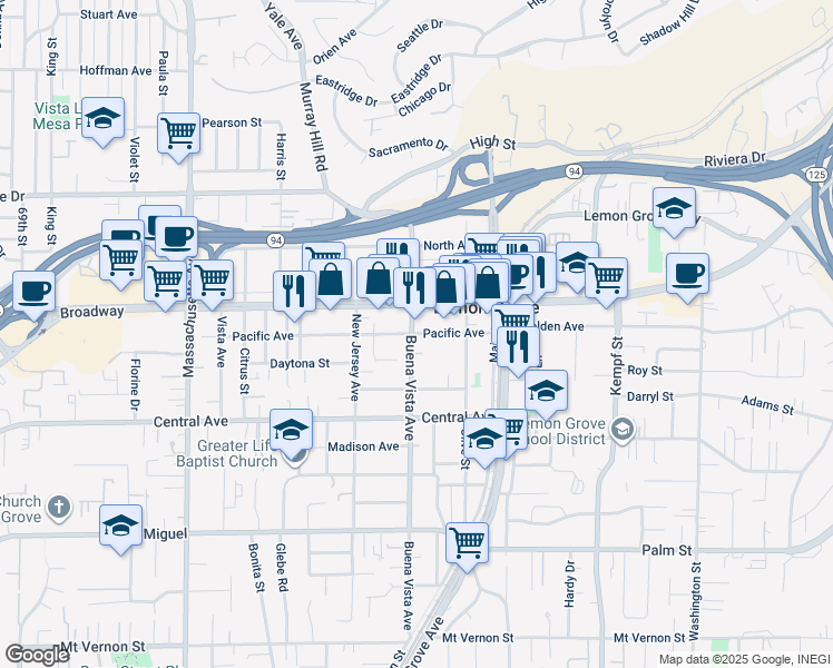 map of restaurants, bars, coffee shops, grocery stores, and more near 3342 Buena Vista Avenue in Lemon Grove