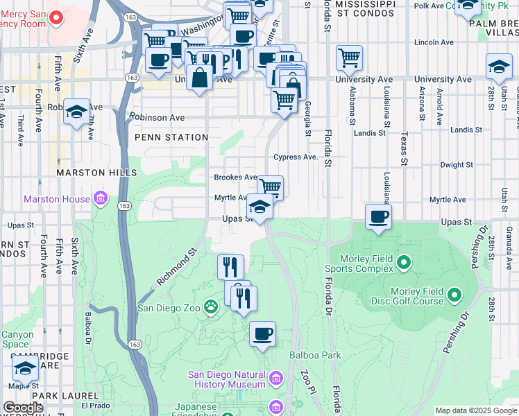 map of restaurants, bars, coffee shops, grocery stores, and more near 1625 Myrtle Avenue in San Diego