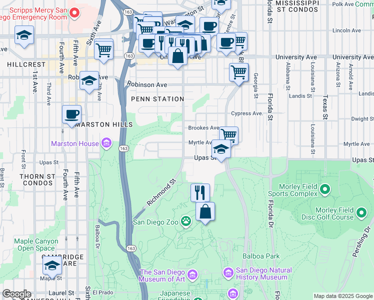map of restaurants, bars, coffee shops, grocery stores, and more near 3438 Richmond Street in San Diego