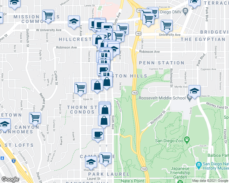 map of restaurants, bars, coffee shops, grocery stores, and more near in San Diego