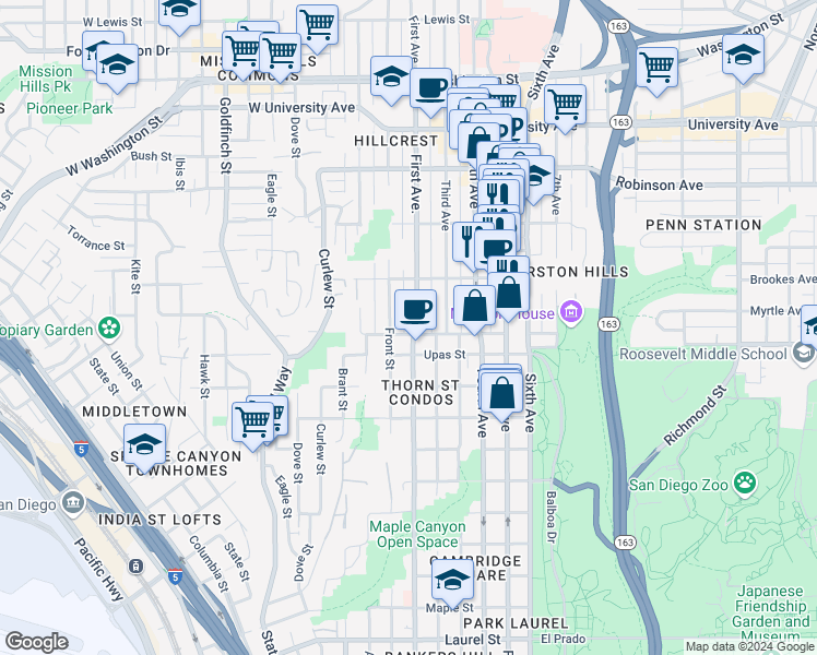 map of restaurants, bars, coffee shops, grocery stores, and more near 3531 1st Avenue in San Diego