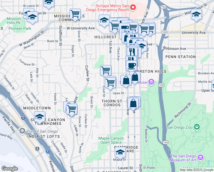 map of restaurants, bars, coffee shops, grocery stores, and more near 3527 Front Street in San Diego