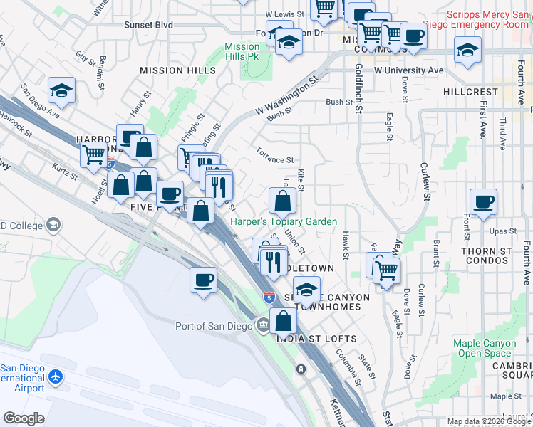 map of restaurants, bars, coffee shops, grocery stores, and more near 1503 Glenwood Drive in San Diego