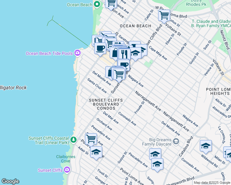 map of restaurants, bars, coffee shops, grocery stores, and more near 4817 Del Monte Avenue in San Diego