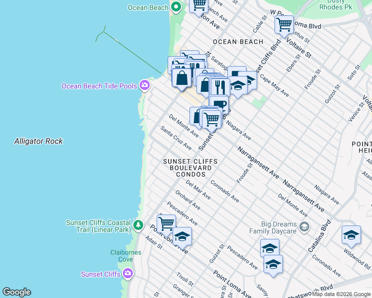 map of restaurants, bars, coffee shops, grocery stores, and more near 4877 Santa Cruz Avenue in San Diego