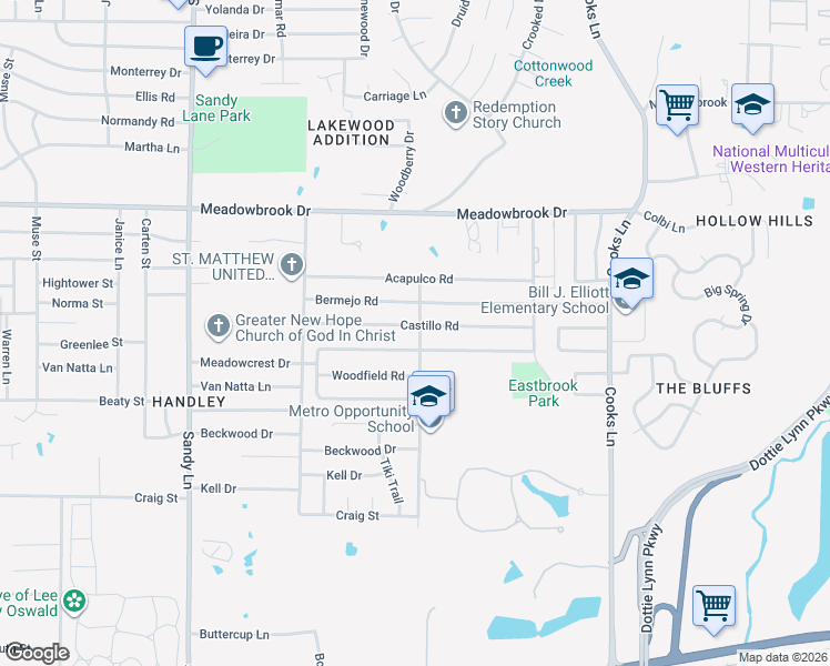 map of restaurants, bars, coffee shops, grocery stores, and more near 7701 Castillo Road in Fort Worth