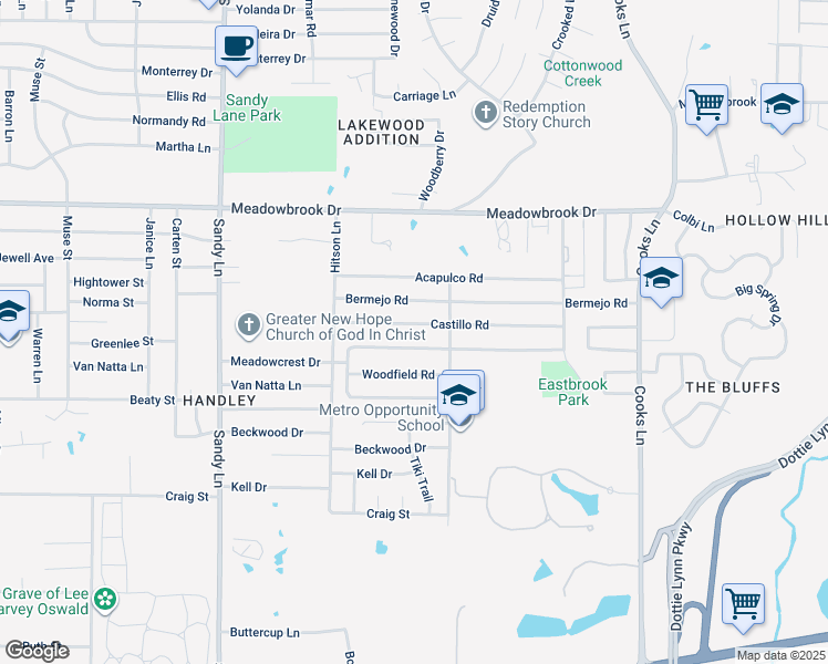 map of restaurants, bars, coffee shops, grocery stores, and more near 7621 Castillo Road in Fort Worth