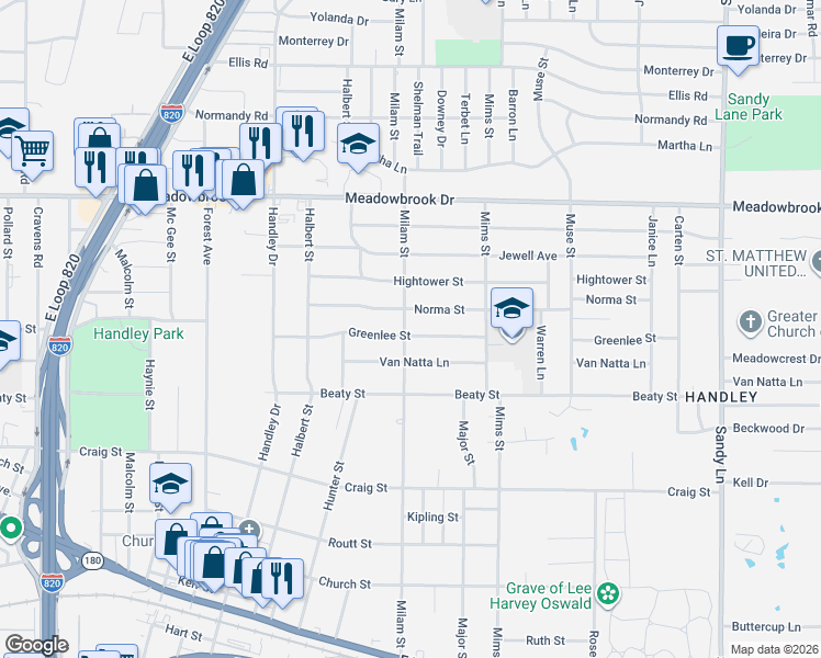 map of restaurants, bars, coffee shops, grocery stores, and more near 6908 Norma Street in Fort Worth