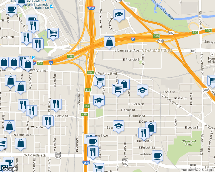 map of restaurants, bars, coffee shops, grocery stores, and more near 211 South Williams Street in Fort Worth