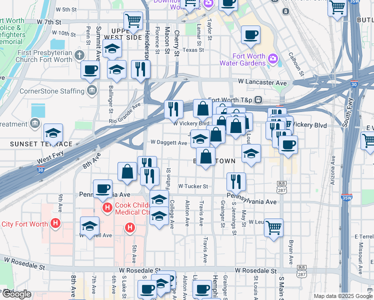 map of restaurants, bars, coffee shops, grocery stores, and more near 302 Lipscomb Street in Fort Worth