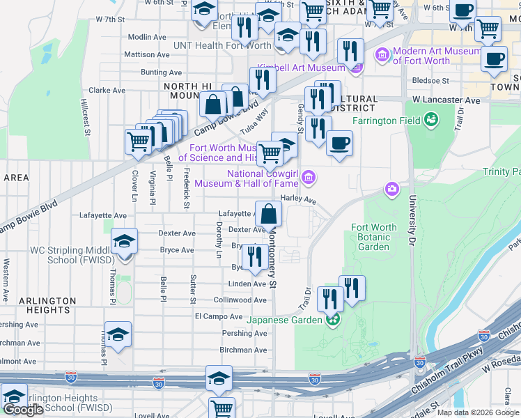 map of restaurants, bars, coffee shops, grocery stores, and more near 3621 Harley Avenue in Fort Worth