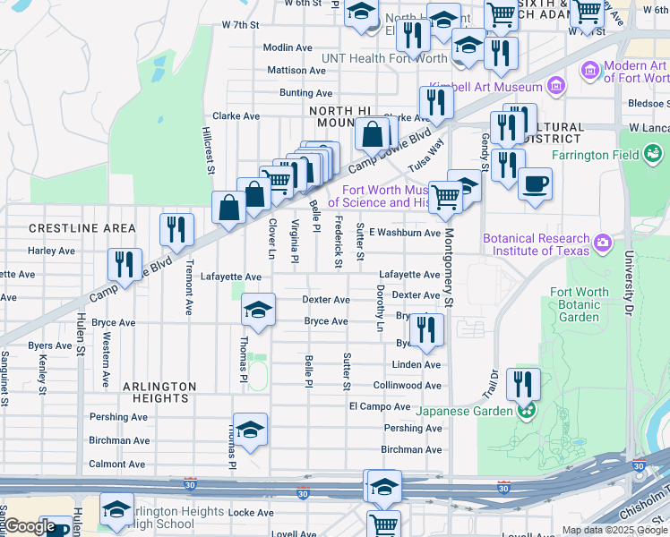 map of restaurants, bars, coffee shops, grocery stores, and more near 1812 Frederick Street in Fort Worth