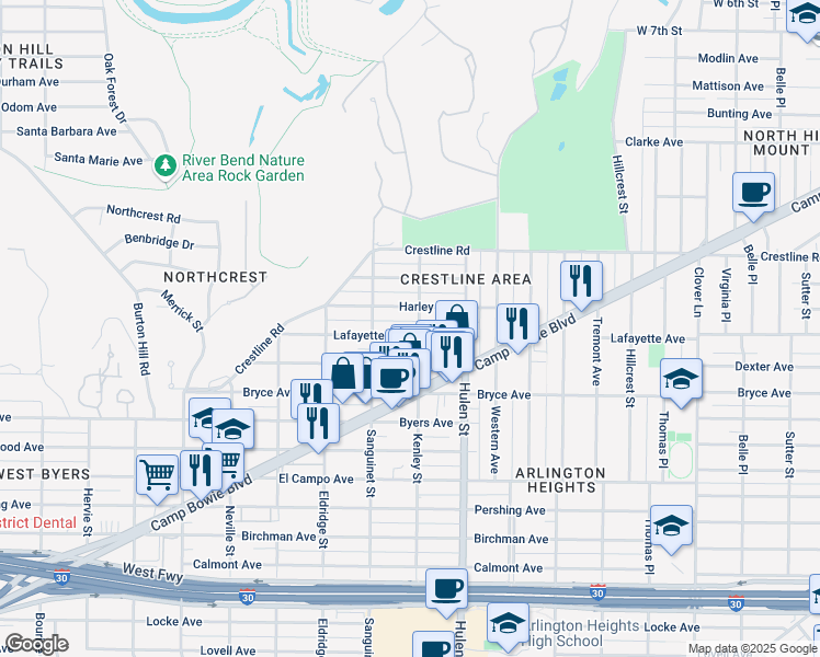map of restaurants, bars, coffee shops, grocery stores, and more near 4721 Harley Avenue in Fort Worth