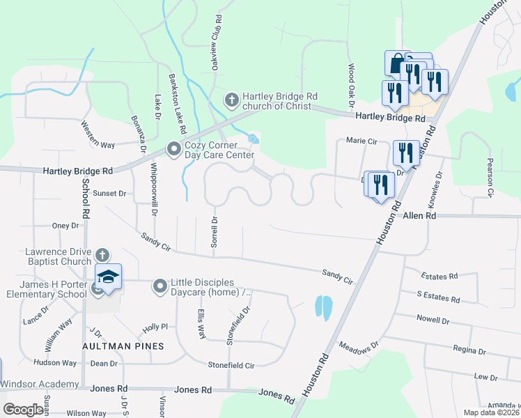map of restaurants, bars, coffee shops, grocery stores, and more near 3345 Bridgewood Drive in Macon