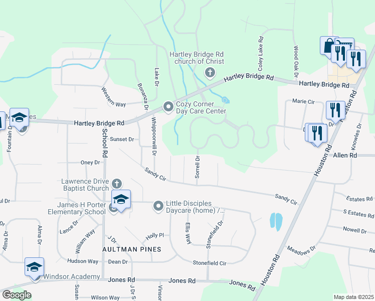 map of restaurants, bars, coffee shops, grocery stores, and more near 3428 Bridgewood Drive in Macon