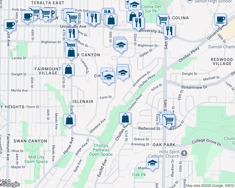 map of restaurants, bars, coffee shops, grocery stores, and more near 3422 Streamview Place in San Diego