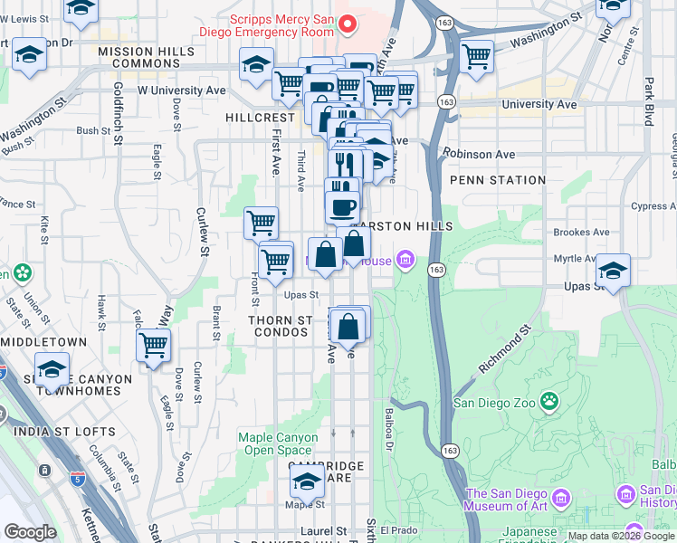 map of restaurants, bars, coffee shops, grocery stores, and more near 3534 Fifth Avenue in San Diego