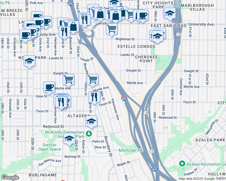 map of restaurants, bars, coffee shops, grocery stores, and more near 3421 Vancouver Avenue in San Diego
