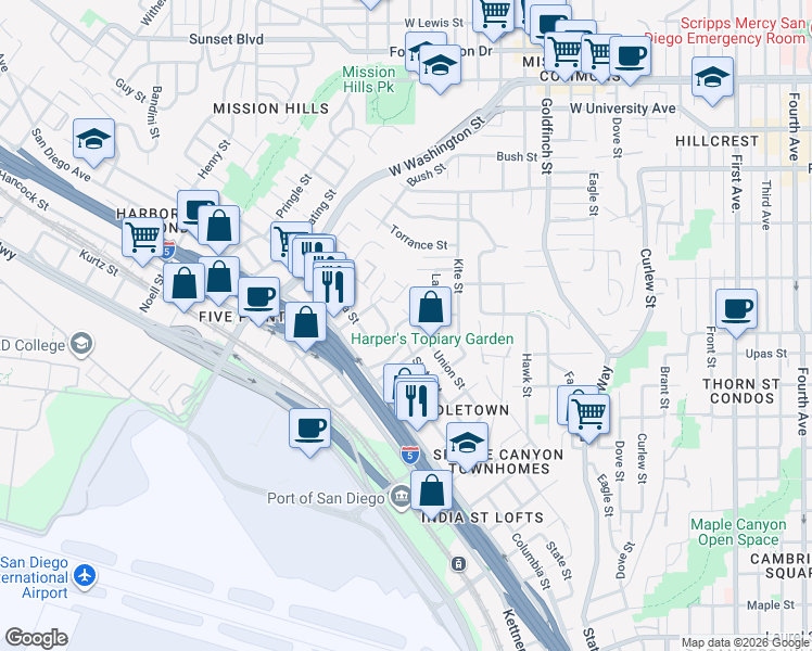 map of restaurants, bars, coffee shops, grocery stores, and more near 1503 Glenwood Drive in San Diego