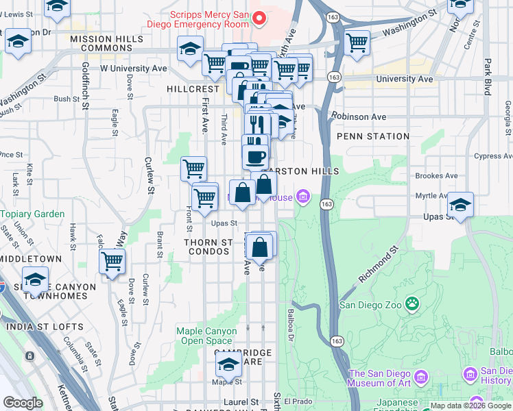 map of restaurants, bars, coffee shops, grocery stores, and more near 3534 Fifth Avenue in San Diego