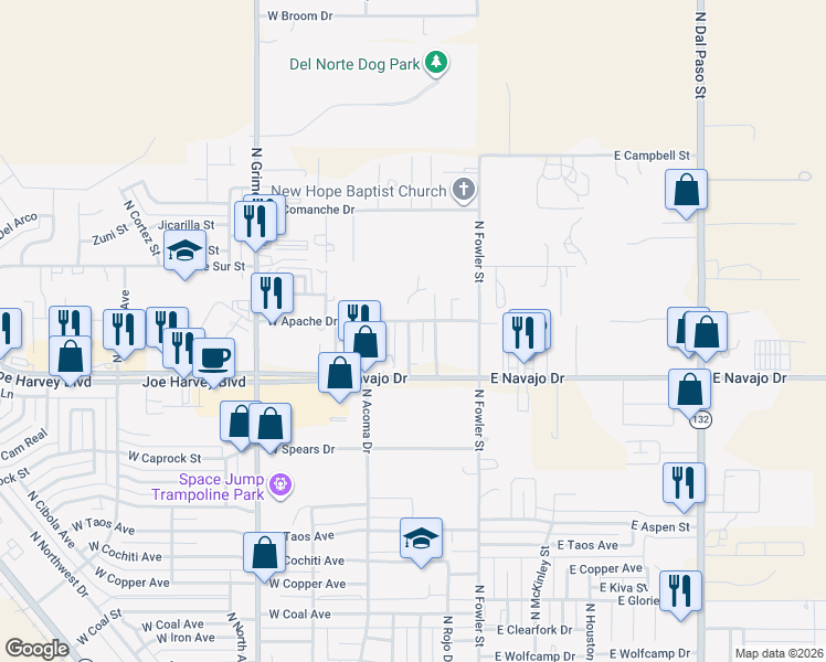 map of restaurants, bars, coffee shops, grocery stores, and more near 201-299 West Apache Drive in Hobbs