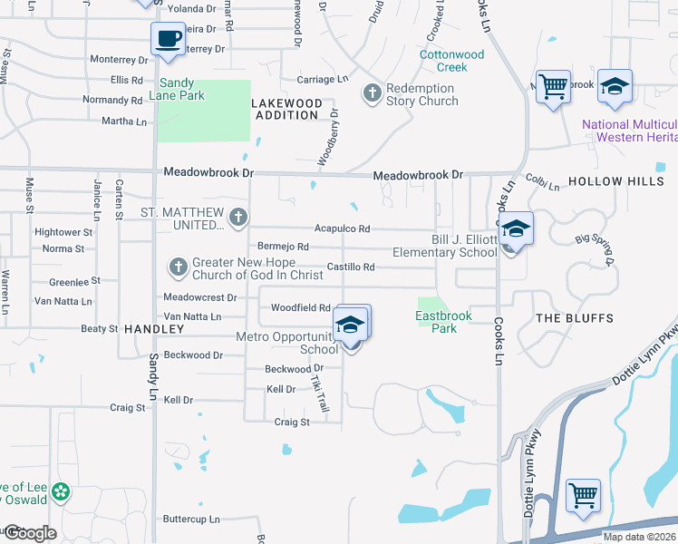map of restaurants, bars, coffee shops, grocery stores, and more near 7701 Castillo Road in Fort Worth