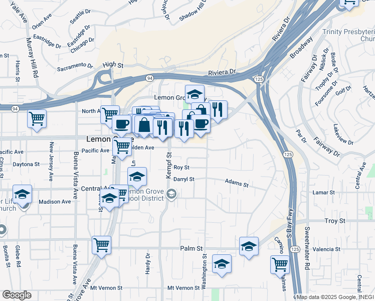 map of restaurants, bars, coffee shops, grocery stores, and more near Golden Avenue in Lemon Grove
