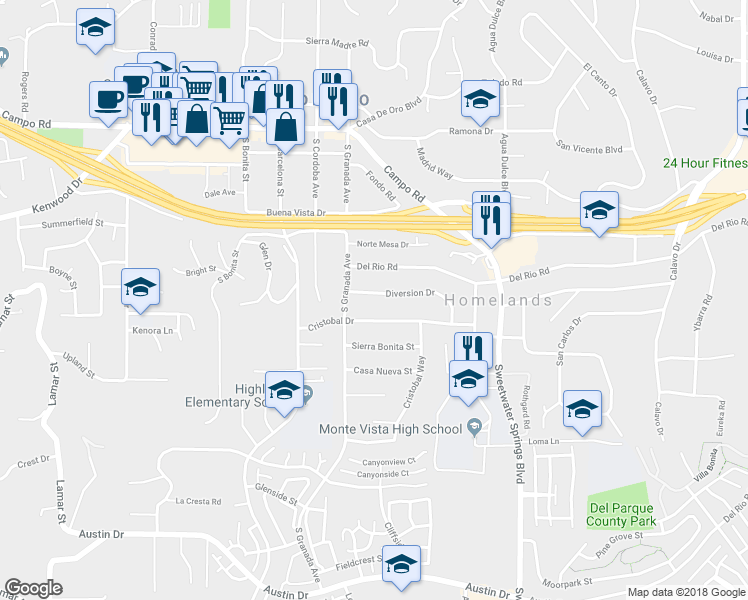 map of restaurants, bars, coffee shops, grocery stores, and more near 10029 Diversion Drive in Spring Valley