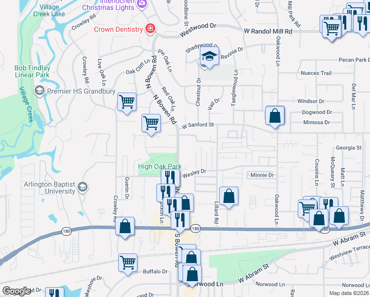 map of restaurants, bars, coffee shops, grocery stores, and more near 627 North Bowen Road in Arlington