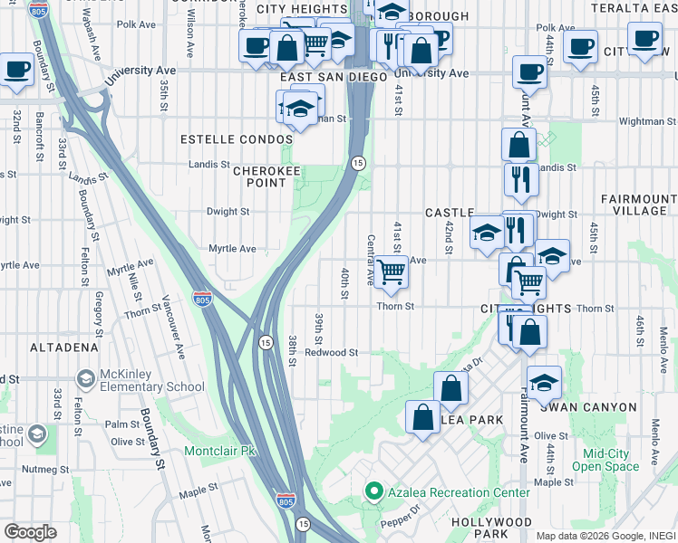map of restaurants, bars, coffee shops, grocery stores, and more near 3428 40th Street in San Diego