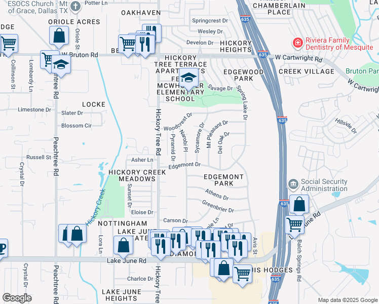 map of restaurants, bars, coffee shops, grocery stores, and more near 2009 Sycamore Drive in Mesquite