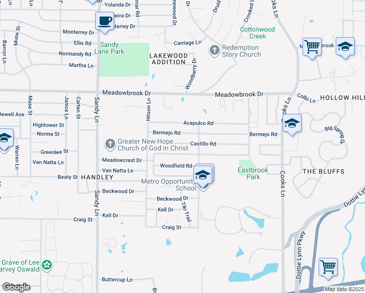 map of restaurants, bars, coffee shops, grocery stores, and more near 7621 Castillo Road in Fort Worth