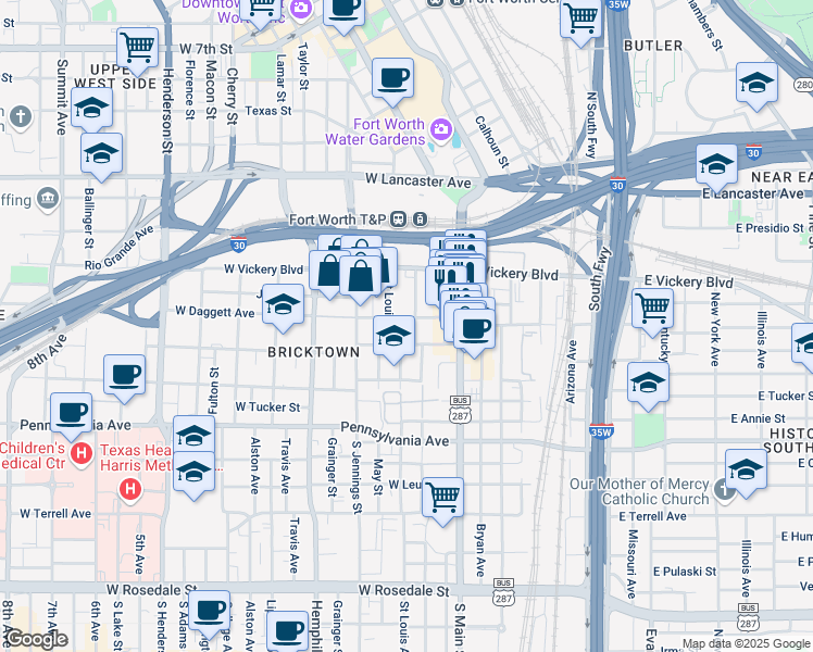 map of restaurants, bars, coffee shops, grocery stores, and more near 305 West Daggett Avenue in Fort Worth