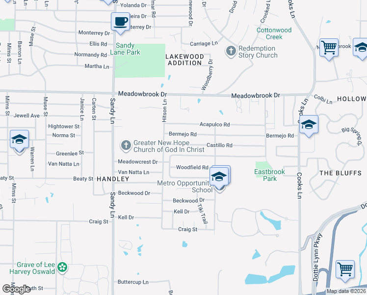 map of restaurants, bars, coffee shops, grocery stores, and more near 7528 Castillo Road in Fort Worth