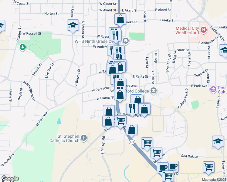 map of restaurants, bars, coffee shops, grocery stores, and more near 1404 South Main Street in Weatherford